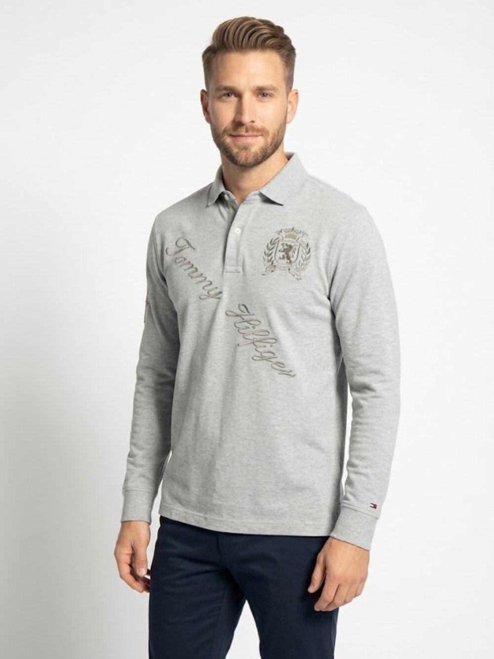 Tommy Hilfiger Men’s Vintage Long Sleeve Shirt Gray Size M Crest Logo Spell Out